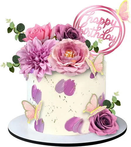 Vista 8 de 19 piezas de decoración de mariposa para pasteles, decoración de feliz cumpleaños con rosas artificiales azules, mariposas de eucalipto, suministros