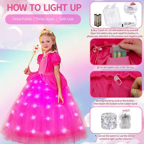 Vista 5 de CIYTI Disfraz de princesa iluminado, vestido de princesa melocotón, disfraz de cosplay para niñas, disfraz de Halloween