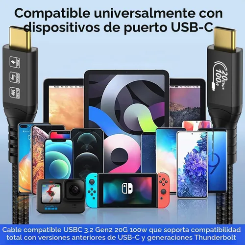 Vista 8 de Cable USB C de 16.5 pies 3.2 Gen 2X2 20Gbps, 5M tipo C 4K @60Hz UHD Video 5A/100W PD3.0 Cable de carga rápida con E-Marker compatible