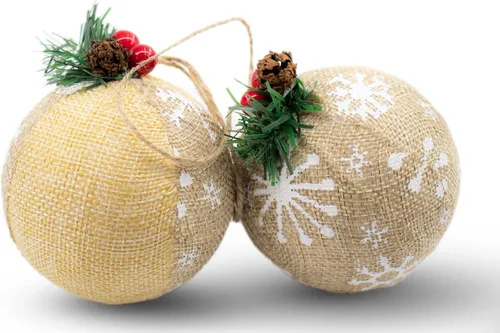 Vista 6 de 12 adornos rústicos para árbol de Navidad, decoración navideña estilo granja, bola navideña de arpillera de yute natural