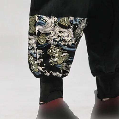 Vista 5 de JEShifangjiusu Pantalones casuales de lino para hombre, ajuste holgado, ligero, con cordón, bordado, para verano, playa, yoga, pantalones largos