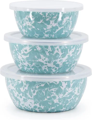 Vista 7 de Golden Rabbit Enamelware - Cuencos de almacenamiento anidables con tapas, juego de 3, camuflaje Mixing, Serving & Storage Bowls, Carbon Steel Core