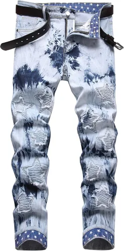 Vista 46 de Baylvn - Pantalones de mezclilla para hombre con diseño patchwork, ajustados y cómodos, estilo motociclista 3132 Camuflaje y azul