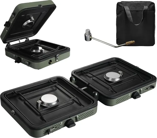 Vista 10 de Estufa de camping de propano de 2 quemadores, estufa de gas plegable portátil para acampar con 17200 BTU, dos quemadores ajustables con mango