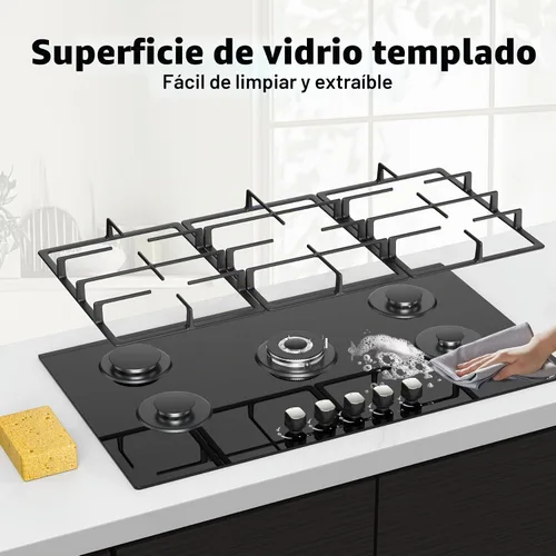 Vista 5 de Estufa de Gas de Propano de 36 Pulgadas, Estufa de Gas Empotrada de 5 Quemadores con Panel de Vidrio Templado, Placa de Cocina de Propano
