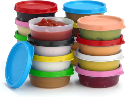 Vista 25 de Recipientes para condimentos con tapas, paquete de 8 unidades, 1.3 onzas. Recipiente para aderezo para ensalada para llevar, pequeños recipientes