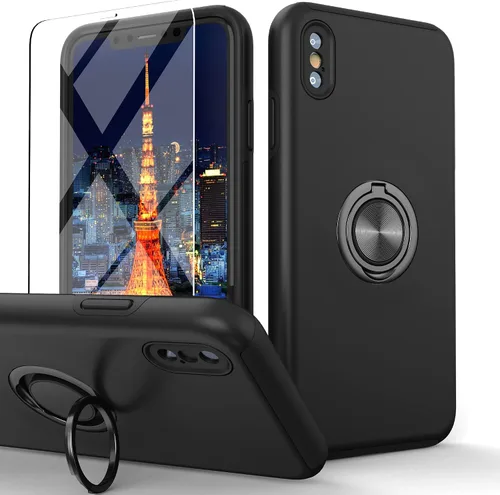 Vista 9 de Funda compatible con iPhone Xs Max con protector de pantalla de vidrio templado, funda híbrida 2 en 1, de ajuste delgado, con anillo magnético Azul