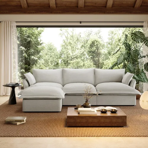 Vista 39 de Sofá modular de mezcla de lino para sala de estar, cómodo sofá modular con relleno de plumón, moderno sofá cama convertible con asiento profundo