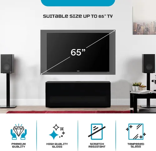 Vista 7 de SONOROUS ST-110 Soporte de TV premium con vidrio negro y cubierta de madera negra, centro de entretenimiento moderno y consola multimedia para sala