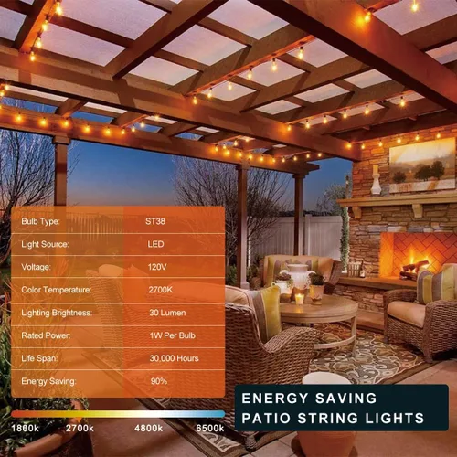 Vista 7 de Kawaya Guirnalda de luces para patio al aire libre: luz LED de 25 pies para patio exterior con 12 bombillas vintage inastillables - 2700 K regulable