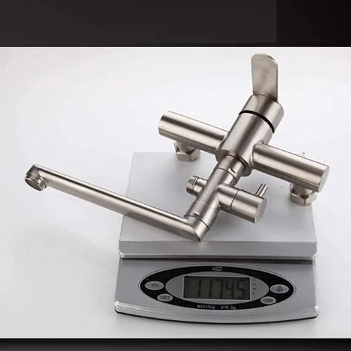 Vista 6 de Grifo de montaje en pared con pistola pulverizadora, fregadero de cocina, acero inoxidable cepillado, válvula de mezcla de agua caliente y fría
