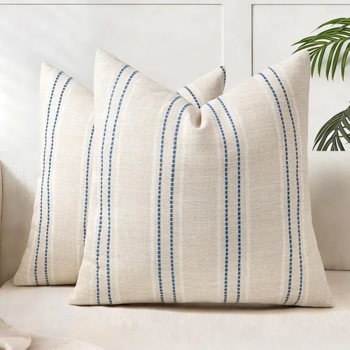 Vista 17 de AELS Fundas de Almohada Decorativas de Lino Estilo Granja de 16x16, Funda de Almohada con Textura Boho, Juego de 2, Beige con Rayas de Hilo Teñido