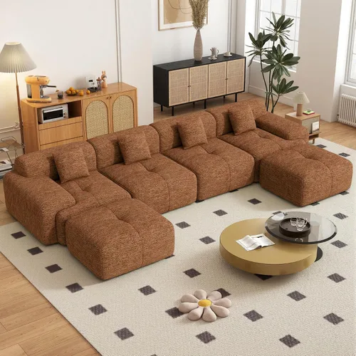 Vista 12 de Sofá modular convertible en forma de L de 122", sofá seccional tipo nube con otomán, sofás de chenilla sin estructura de 4 plazas para sala de Beige