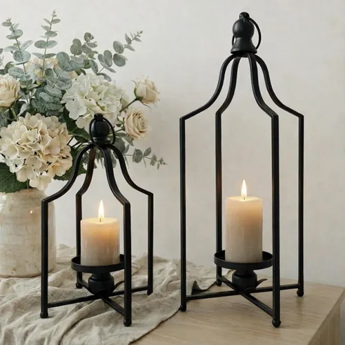 Vista 7 de Juego de 2 faroles decorativos atemporales de 12.5 y 16.5 pulgadas, portavelas de hierro de metal hechos a mano, elegancia de granja, chimenea