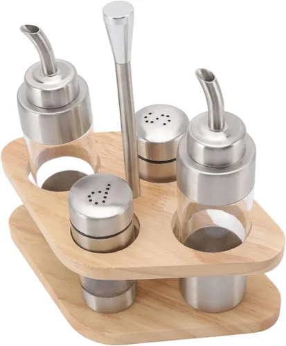 Vista 9 de Cyrank Juego de salero y pimienta, dispensador de aceite de oliva y vinagre con soporte de madera, dispensador de especias de vidrio para el hogar