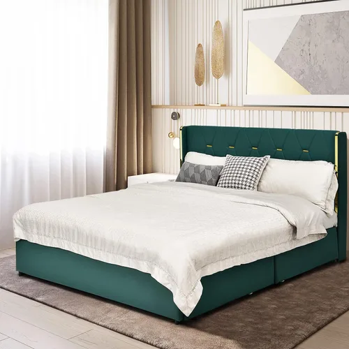 Vista 7 de KOTEK Base de cama tapizada de tamaño matrimonial con 4 cajones, base de cama de plataforma con cabecera copetuda con botones y soporte de listones