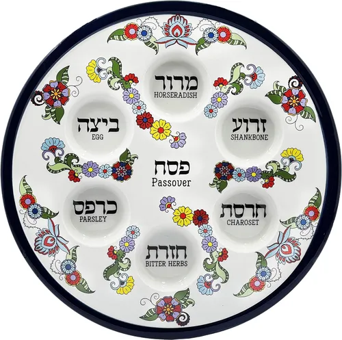 Vista 5 de The Dreidel Company Placa de cerámica Seder con diseño renacentista para Pascua, 12 pulgadas de diámetro, color azul (diseño renacentista)