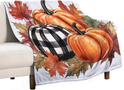 Vista 22 de Manta de lana cuadriculada con diseño de calabaza, hojas de arce, Acción de Gracias, manta de cama para otoño, Acción de Gracias, ligera, súper