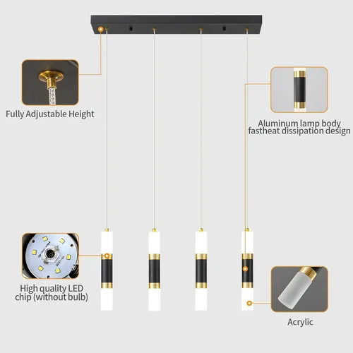 Vista 5 de Lámpara colgante moderna de 4 luces para isla de cocina, regulable, LED, negro, mini luces colgantes, comedor, cocina, color negro y dorado