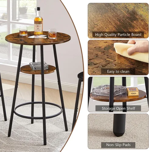 Vista 4 de Juego de mesa de bar y sillas de 3 piezas, mesa de comedor redonda pequeña para 2 personas con respaldo, altura de encimera, juego de mesa de cocina