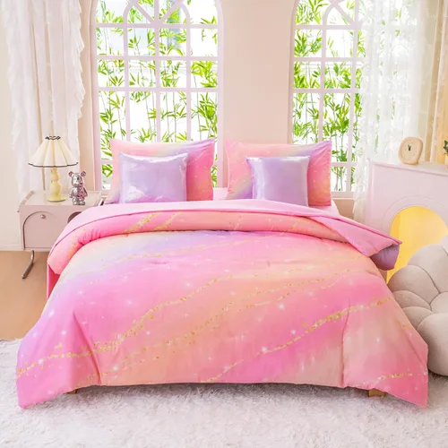 Vista 25 de Juego de ropa de cama arcoíris tamaño individual, edredón reversible de 5 piezas para niñas con sábana de bolsillo profundo, diseño degradado