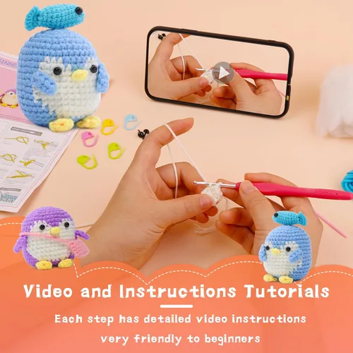 Vista 4 de Paquete de 2 kits de ganchillo para principiantes, kit de ganchillo de animales, bonito kit de inicio de ganchillo con video tutorial, 2 ganchillos