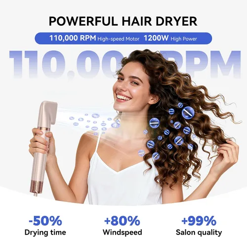 Vista 5 de Cepillo secador de pelo 6 en 1, secador de pelo de alta velocidad de 110,000 rpm, secado rápido, moldeador de aire mejorado con rizadores
