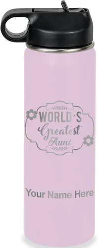 Vista 75 de LaserGram Botella de agua con tapa abatible de doble pared de 12 onzas con pajilla, la tía más grande del mundo, grabado personalizado incluido Negro