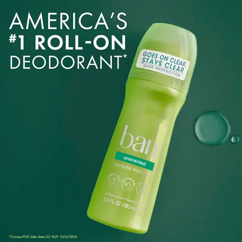 Vista 5 de Desodorante antitranspirante roll-on sin perfume, original de Ban (3.50 onzas), paquete de de 4 24-Hour Sweat and Odor Protection, No White