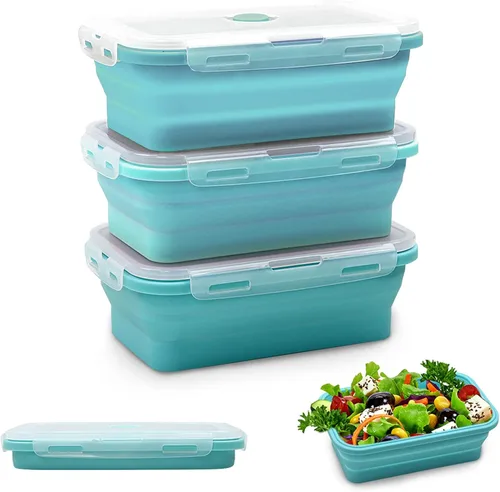 Vista 12 de Alimat PluS 11.8oz Juego de 3 Contenedores de Almacenamiento de Alimentos de Silicona Plegables con Tapas, Tamaño Pequeño, 350ml Contenedores