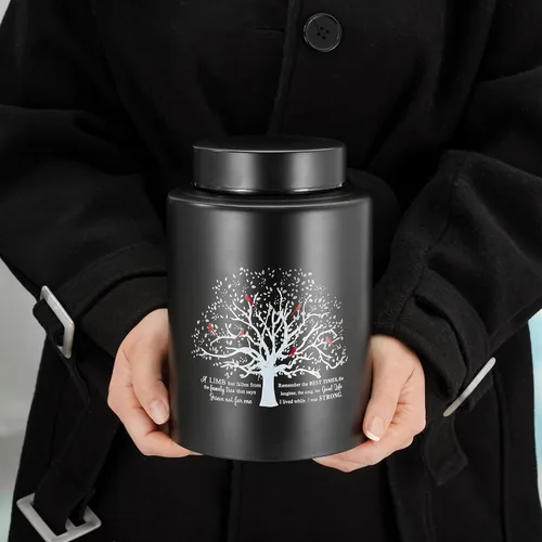 Vista 4 de SOITIS Urna mediana de hasta 140 libras para cenizas humanas adultas, urna decorativa de acero inoxidable de 7.3 pulgadas, árbol de la vida