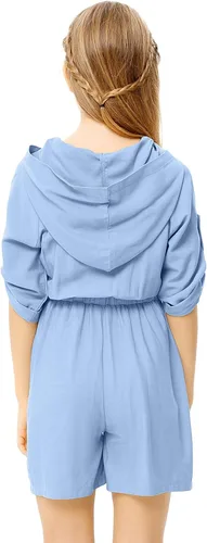 Vista 5 de LIONJIE Enterizo de verano para niñas con pantalones cortos sin mangas con volantes, cuello en V con capucha y bolsillos laterales para niños