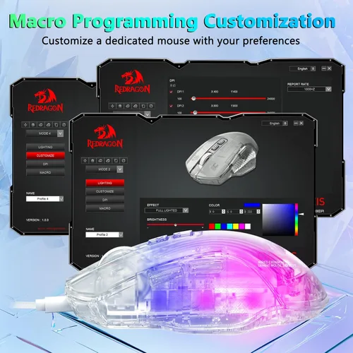 Vista 8 de Redragon Ratón para juegos con cable, 24,000 DPI, 7 botones programables, 2 botones laterales, 8 modos retroiluminados LED RGB, carcasa transparente