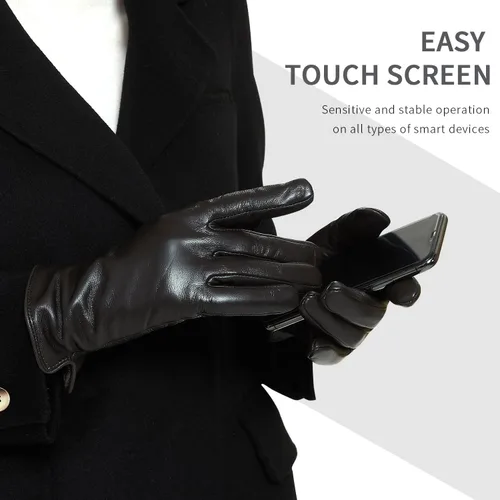 Vista 2 de ZLUXURQ Guantes de cuero suave italiano de lujo para mujer, guantes de piel de oveja genuina para mujer, guantes de clima frío con forro de cachemira