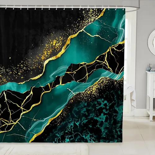 Vista 30 de Erosebridal Cortina de ducha de mármol negro, 72 pulgadas de ancho x 72 pulgadas de largo, juego de baño con grietas doradas, tela de textura
