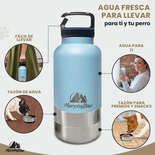 Vista 3 de MurphyBlue Botella de agua para perros 32 onzas de acero inoxidable aislado de capacidad, tapa con mosquetón integrado, cuencos desmontables