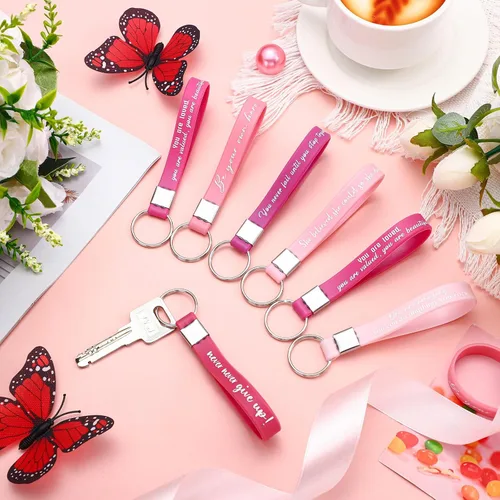 Vista 4 de Sasylvia 24 llaveros con cita inspiradora a granel para mujeres, hombres y niñas, regalo de Navidad, de silicona rosa, con cita motivacional
