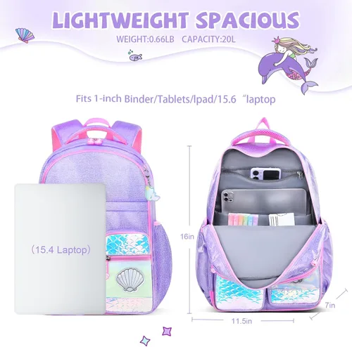 Vista 3 de Mochila para niñas, mochilas escolares de 16 pulgadas para niñas, bonita bolsa de libros para niñas, niños, estudiantes, escuela primaria, Sirena