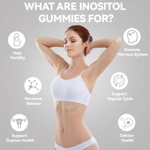 Vista 4 de Gomitas de inositol sin azúcar, mio-inositol y D-chiro inositol suplemento de proporción 40:1 para mujeres, fertilidad, equilibrio hormonal, salud