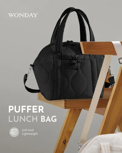 Vista 2 de WONDAY Bolsas de almuerzo aisladas para mujer, bolsa de almuerzo acolchada negra de 12 litros con correa para el hombro, impermeable, a prueba