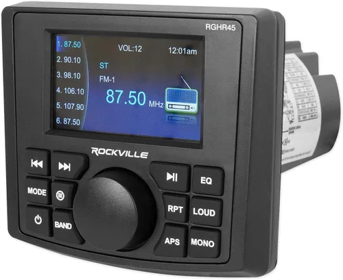Vista 2 de Rockville RGHR45 Receptor de agujero de calibre marino de 4 zonas, Bluetooth/Radio/Paquete remoto con cable con (2) Rockville RWB90B Negro 8" 300w