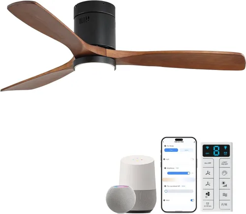 Vista 18 de Sofucor Ventiladores de techo inteligentes de 52 pulgadas con luces - montaje al ras de perfil bajo, modernos ventiladores de techo de madera maciza