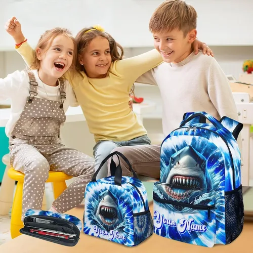Vista 8 de UNIKITTY Mochila para niños con nombre personalizado, juego de 3 piezas con bolsa de almuerzo y estuche para lápices, bolsa escolar de 17 pulgadas