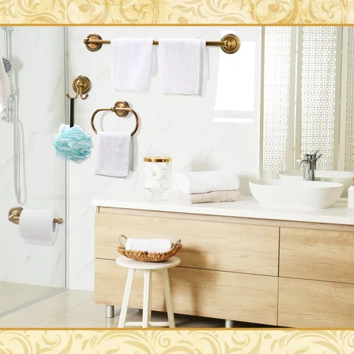 Vista 5 de Juego de 4 Piezas de Accesorios de Baño de Latón Antiguo Dorado Montados en la Pared Toallero y Anillo para Toallas y Portapapel Higiénico y Gancho