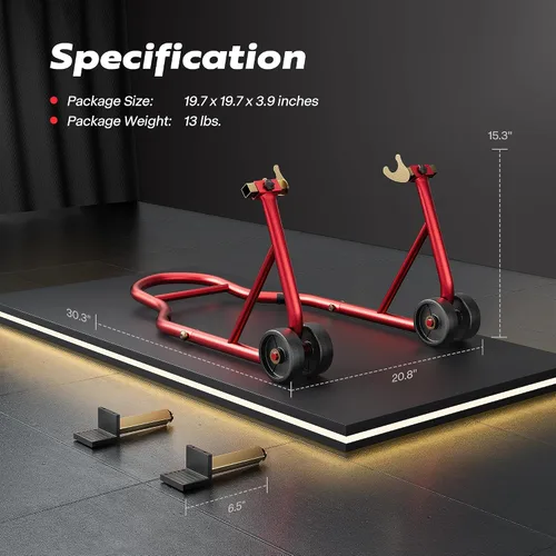 Vista 7 de SPECSTAR Soporte para motocicleta, capacidad de 441 libras, elevador de rueda trasera con bobina giratoria ajustable U+L, soporte resistente