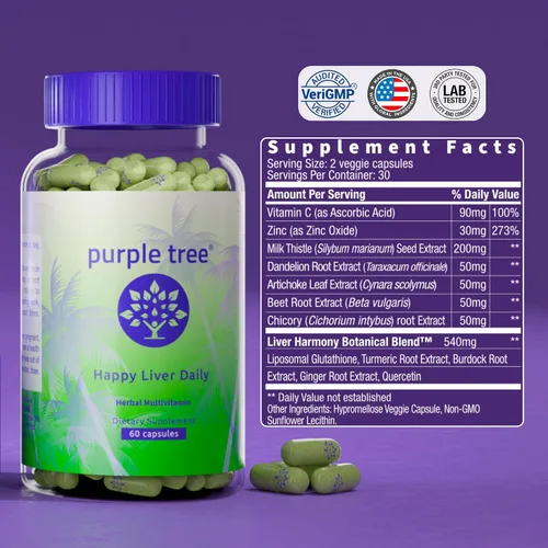 Vista 6 de purple tree Happy Liver Daily Cardo mariano + Suplemento hepático glutatión 60 cápsulas