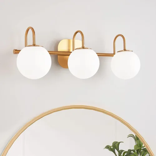Vista 9 de Moderna lámpara negra para tocador de baño, accesorios de iluminación de 3 luces, marco y pantalla de globo de vidrio blanco leche, aplique de pared