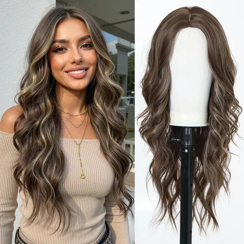 Vista 30 de Esmee Pelucas largas de color castaño rojizo ombré para mujer, peluca de cabello sintético ondulado y rizado natural para uso diario, fiestas