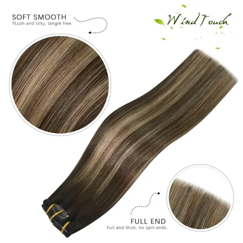 Vista 31 de WindTouch - Extensiones de cabello humano real con clip, color marrón claro a rubio con reflejos #6P613, 22 pulgadas, 4.33 onzas, 7 piezas #6p613