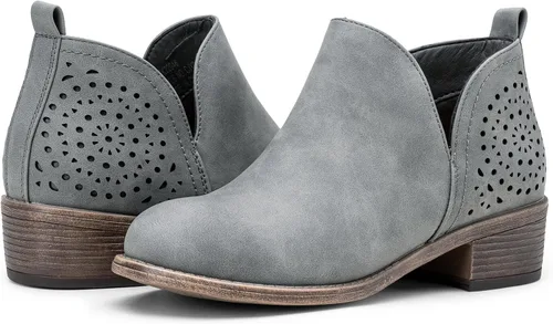 Vista 8 de VEPOSE botas al tobillo para mujer con tacón bajo y grueso, con perforaciones, botas de vaquero